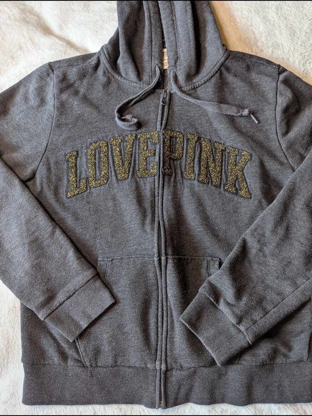 PINK Victoria's Secret Charcoal Gray 'LOVE PINK' Zip-Up Hoodie - Picture 6 of 9